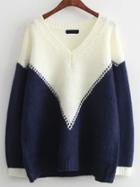 Shein Color-block V Neck Loose Sweater