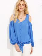 Shein Blue Open Shoulder Lantern Sleeve Tie Front Blouse