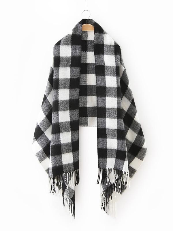 Shein Black And White Checkered Fringe Edge Scarf