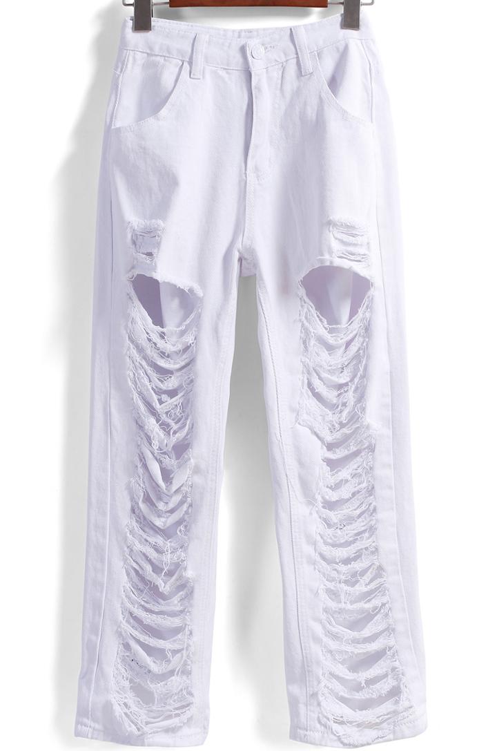 Shein White Pockets Ripped Pant