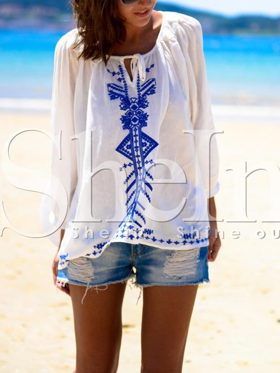 Shein Cream Tie Neck Blue Print Blouse