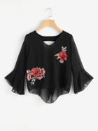 Shein Embroidered Appliques Bell Sleeve Draped Back Chiffon Blouse