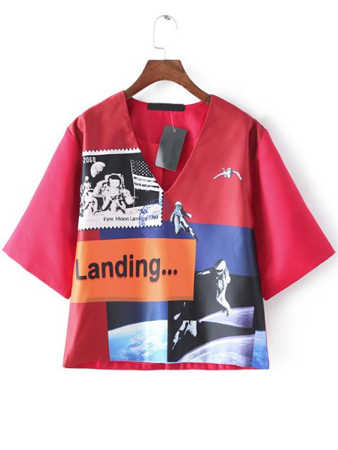 Shein V Neck Cartoon Print Crop Red T-shirt