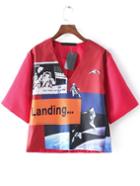 Shein V Neck Cartoon Print Crop Red T-shirt