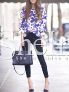 Shein Blue Crew Neck Floral Sweatshirt