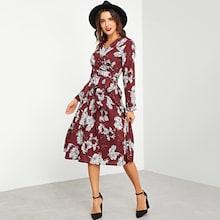 Shein Flower Print Belt Wrap Dress
