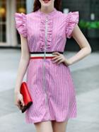 Shein Pink Ruffle Sleeve Striped A-line Dress