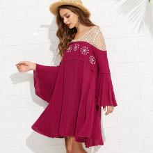 Shein Contrast Fishnet Shoulder Bell Sleeve Swing Dress