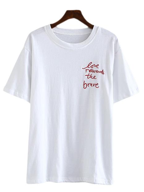 Shein White Short Sleeve Letters Embroidery Casual T-shirt