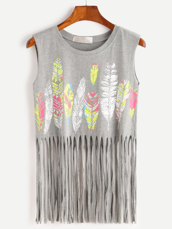Shein Heather Grey Feather Print Fringe Sleeveless Top