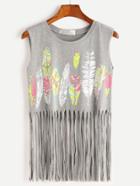 Shein Heather Grey Feather Print Fringe Sleeveless Top