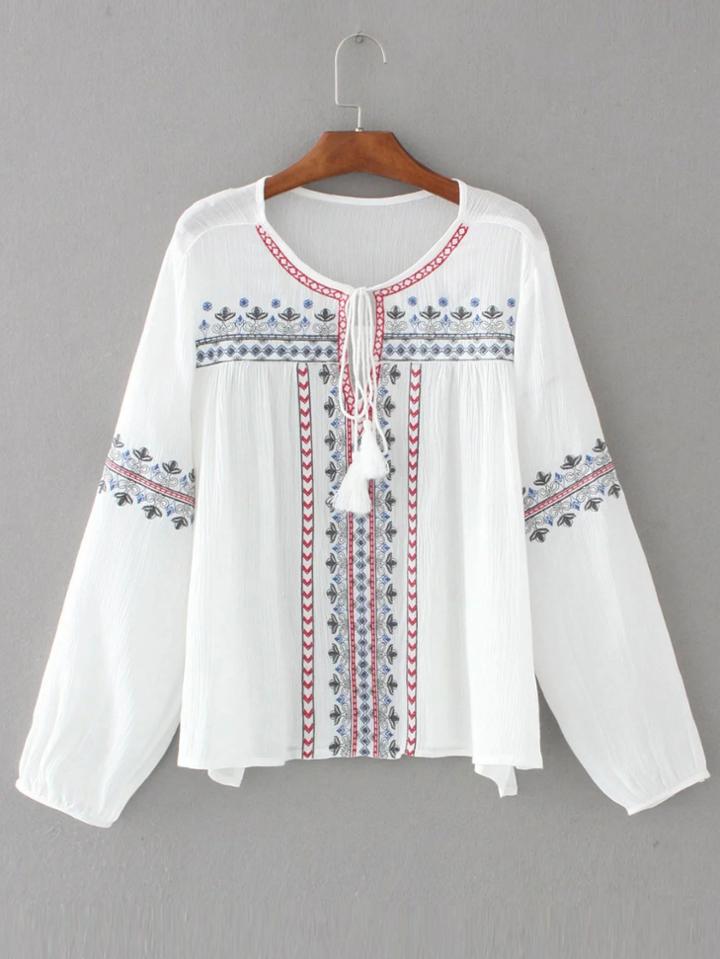 Shein White Embroidery Tassel Tie Blouse