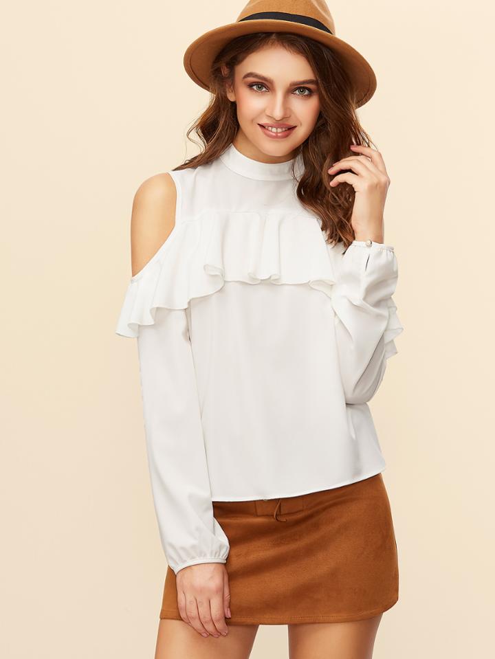 Shein White Keyhole Back Open Shoulder Ruffle Blouse