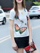 Shein White Flowers Applique Beading Sequined Knit Sweatshirt