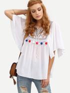 Shein White Lace-up Pom-pom Decorated Blouse