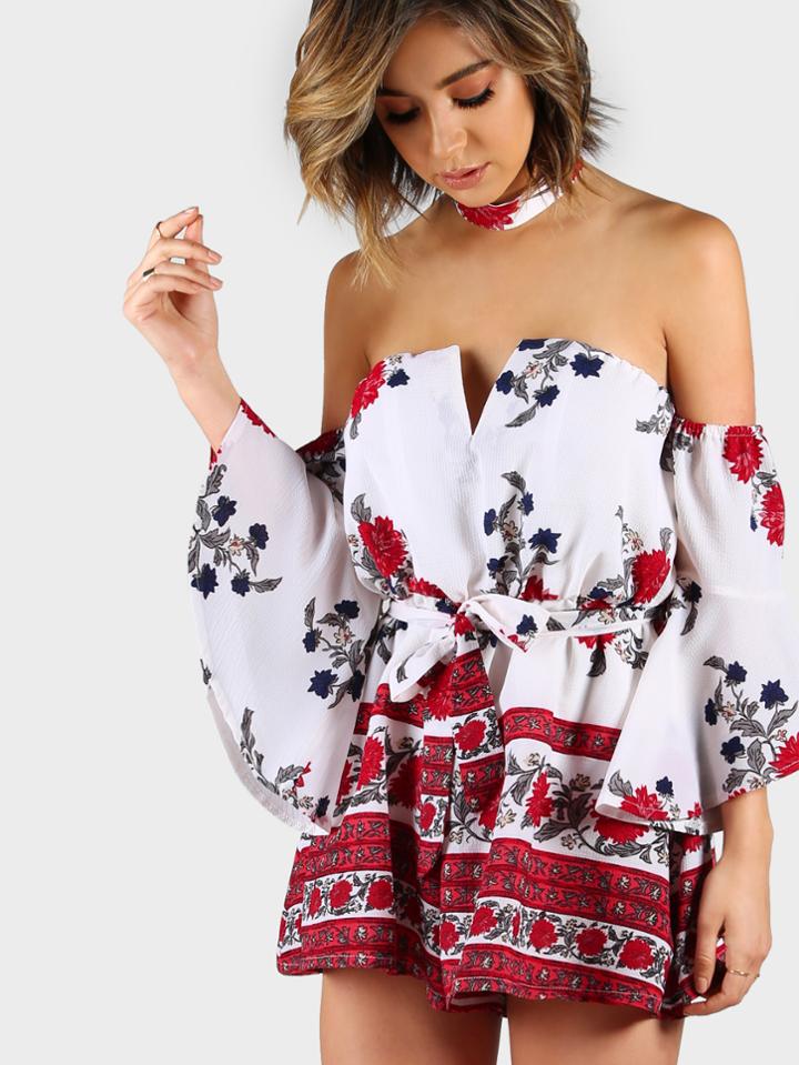 Shein Fluted Sleeve V Notch Bardot Romper With Choker