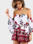 Shein Fluted Sleeve V Notch Bardot Romper With Choker