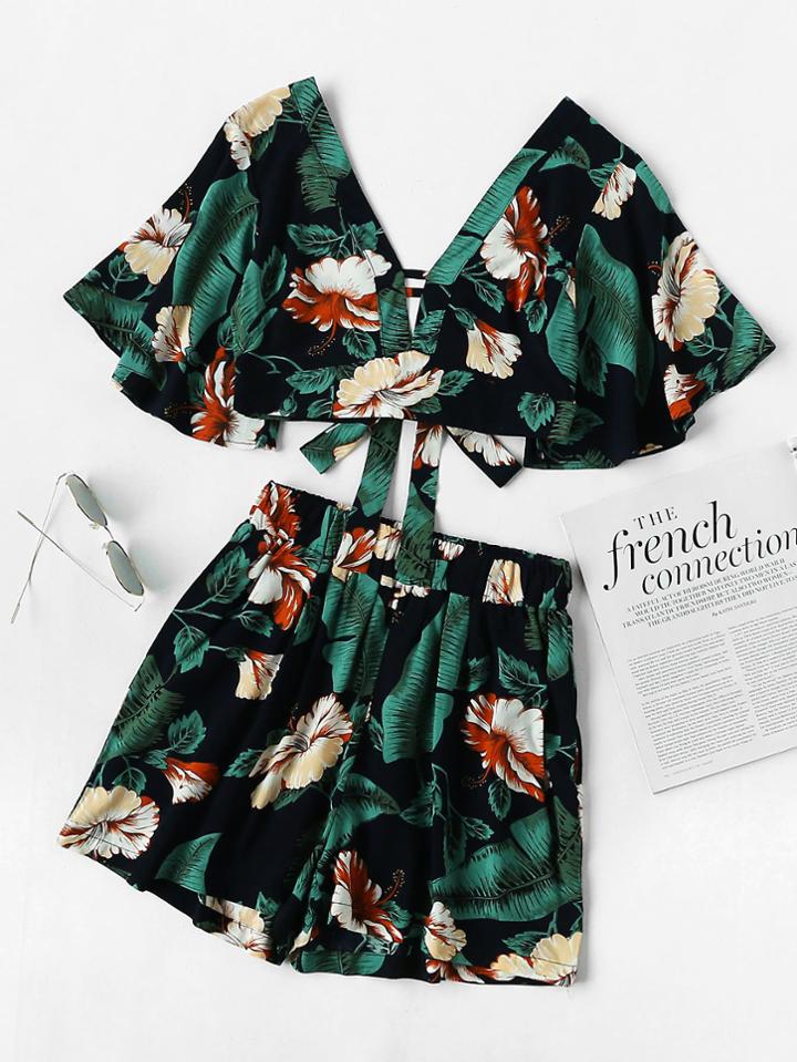 Shein Plunging V-neckline Printed Random Knot Crop Top With Shorts