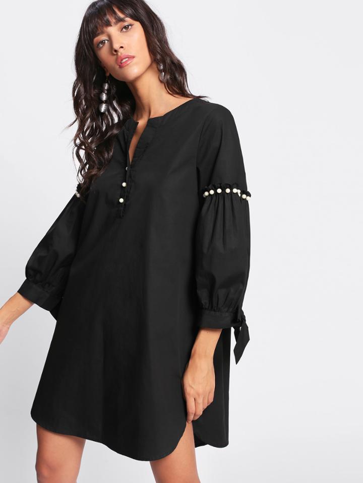 Shein Half Placket Pearl Beading Tie Cuff Dress
