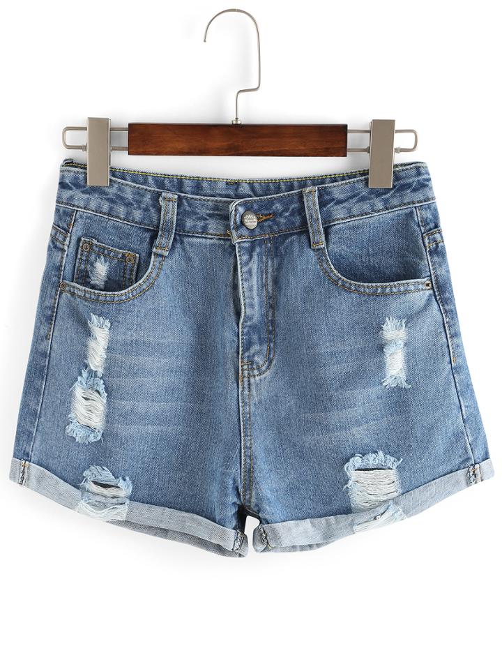 Shein Frayed Roll Hem Denim Shorts