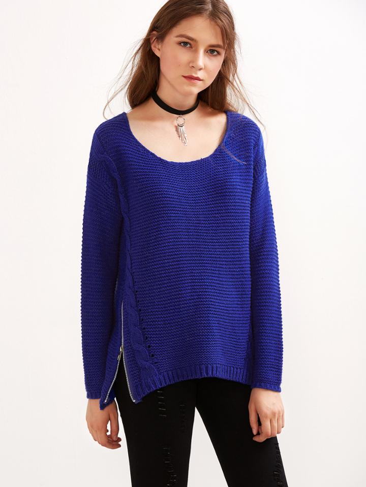 Shein Blue Cable Knit Sweater With Zip Detail