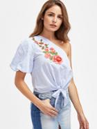 Shein Embroidered Flower Patch Knot Front One Shoulder Striped Top