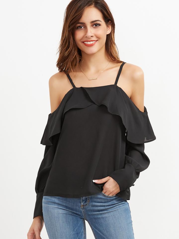 Shein Black Cold Shoulder Ruffle Trim Top