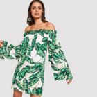 Shein Tropical Print Layered Flounce Sleeve Frilled Bardot Dress