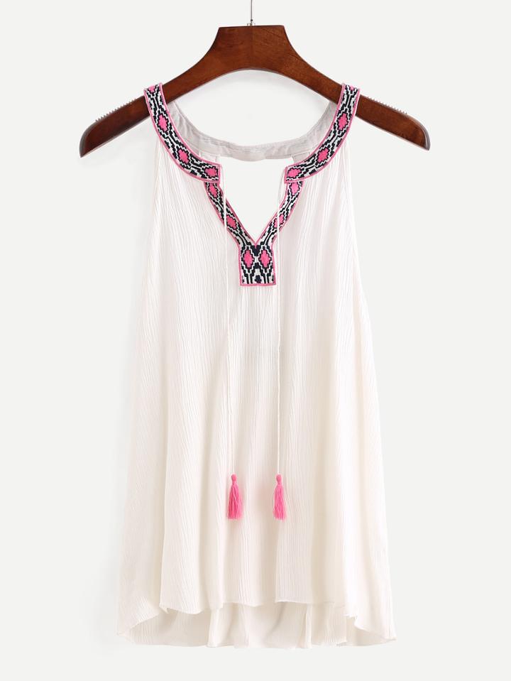 Shein Tassel Tie-neck Woven Tape Embellished White Top