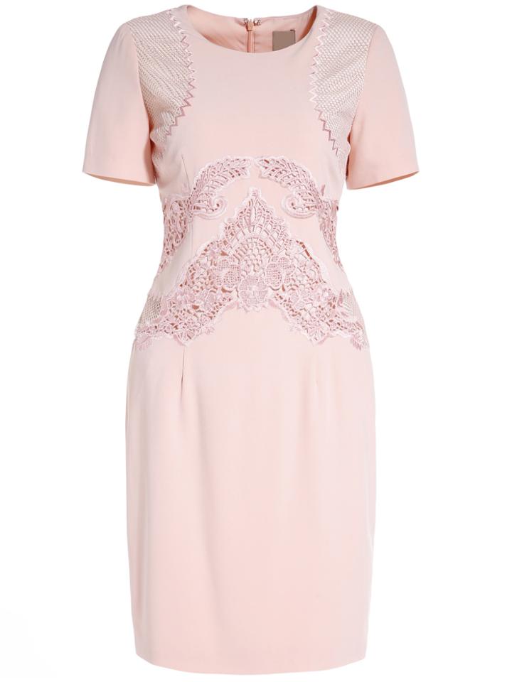 Shein Apricot Round Neck Short Sleeve Hollow Embroidered Dress