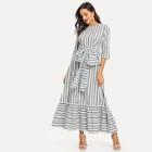 Shein Bow Tie Front Ruffle Hem Striped Hijab Dress