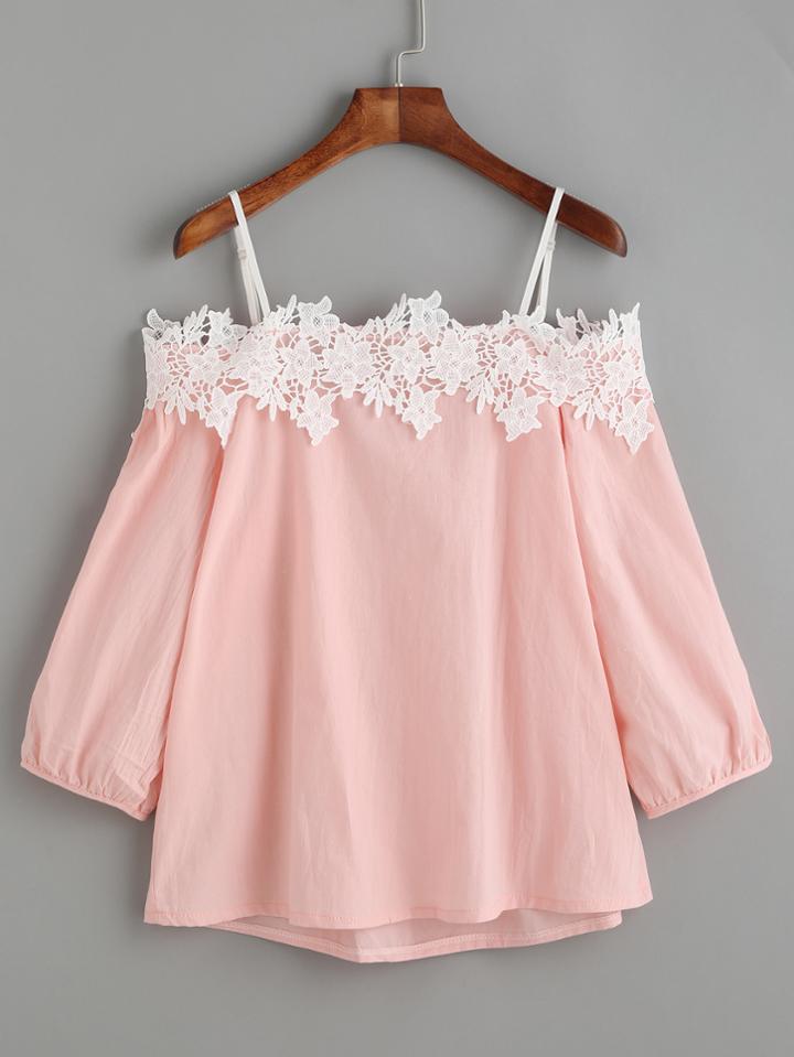 Shein Pink Embroidered Lace Applique Cold Shoulder Blouse