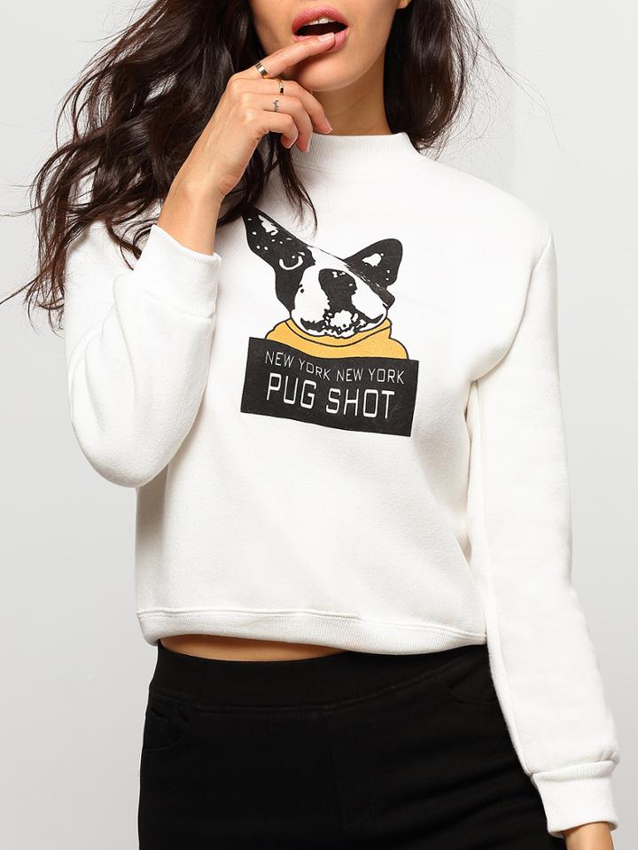 Shein White Round Neck Cartoon Dog Print Sweatshirt