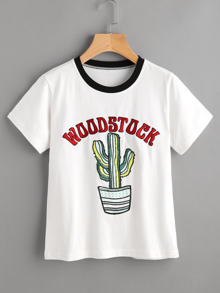 Shein Contrast Neck Embroidered Tee