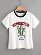Shein Contrast Neck Embroidered Tee