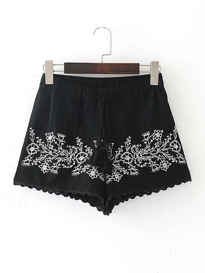 Shein Drawstring Waist Contrast Lace Shorts With Fringe