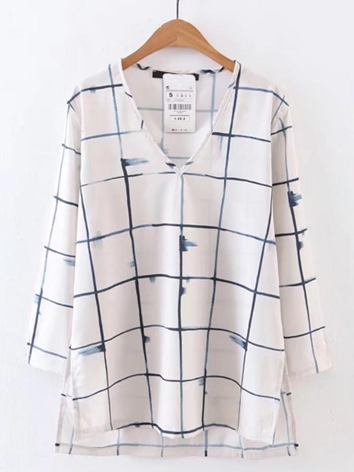 Shein V-cut Windowpane High Low Blouse