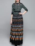 Shein Black Lapel Tribal Print Maxi Dress