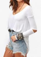 Rosewe Cutout Sleeve Scoop Neck White T Shirt