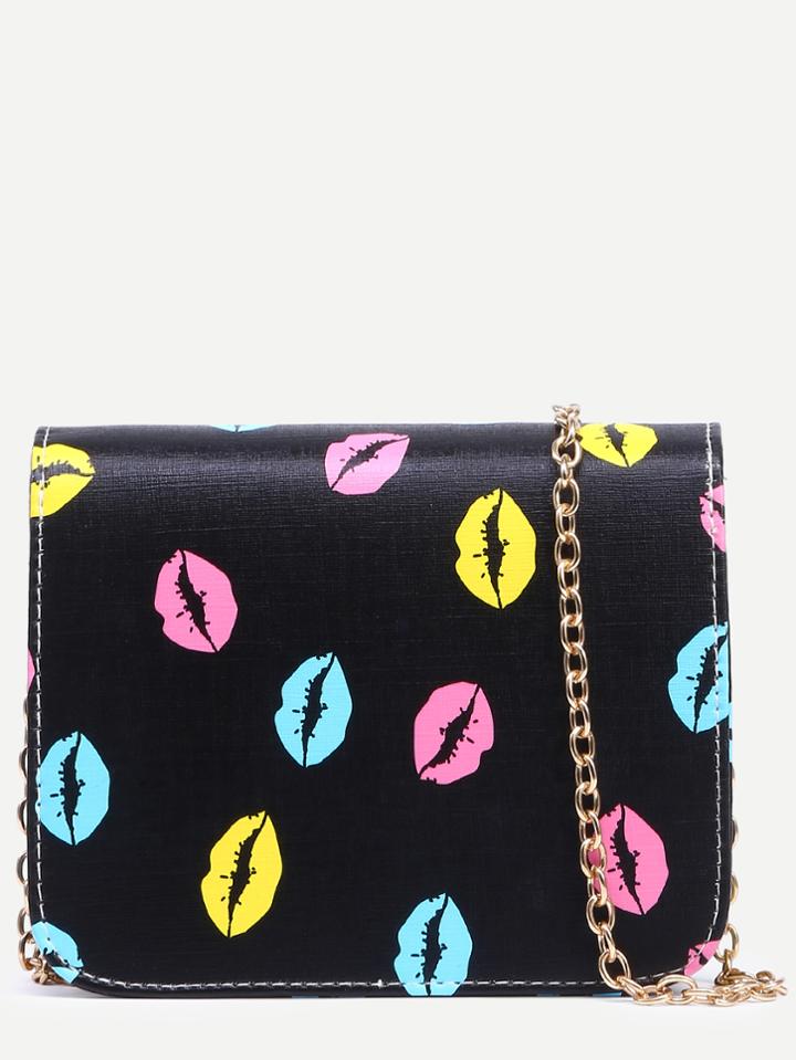 Shein Black Lipstick Print Flap Bag With Chain Strap