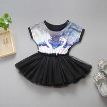 Shein Girls Swan Print Tiered Mesh Dress