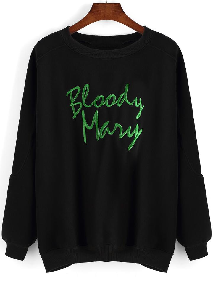 Shein Black Round Neck Letters Embroidered Sweatshirt