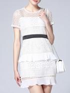 Shein White Crochet Hollow Out Ruffle Shift Dress