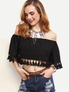 Shein Black Tassel Trim Off The Shoulder Crop Blouse