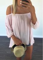 Rosewe Light Pink Asymmetirc Cold Shoulder Blouse