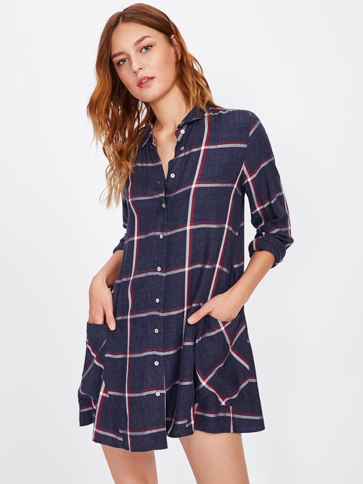 Shein Pocket Front Grid Swing Shirt Dress