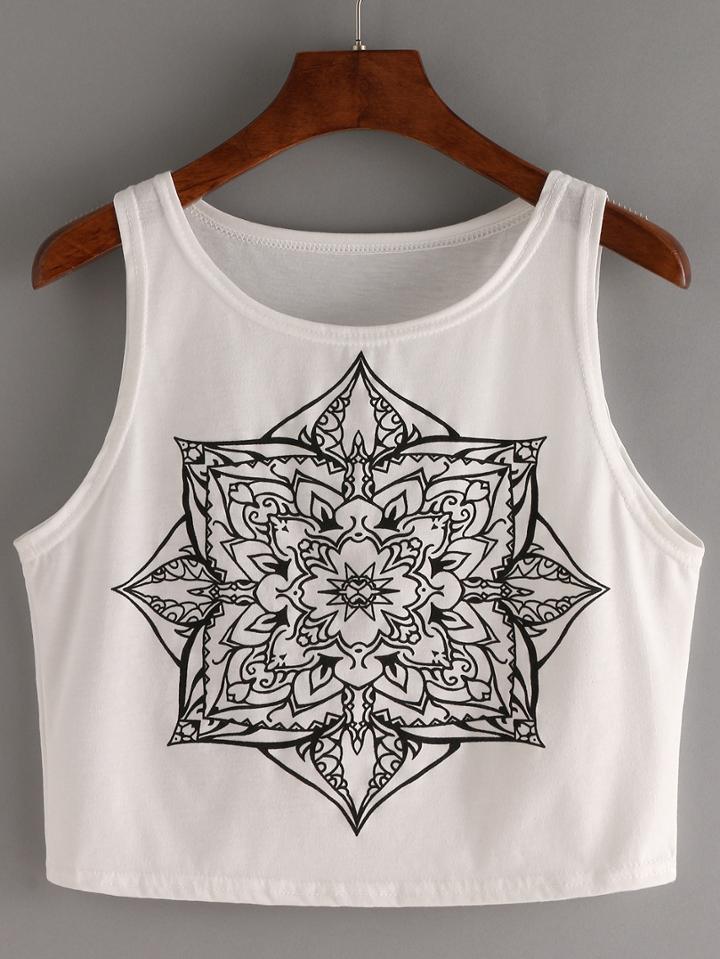 Shein Flower Print Crop Tank Top - White