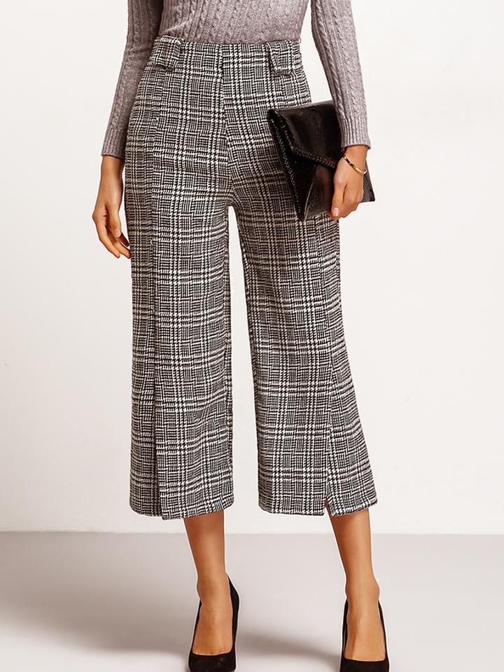 Shein Black White Split Plaid Wide Leg Pant