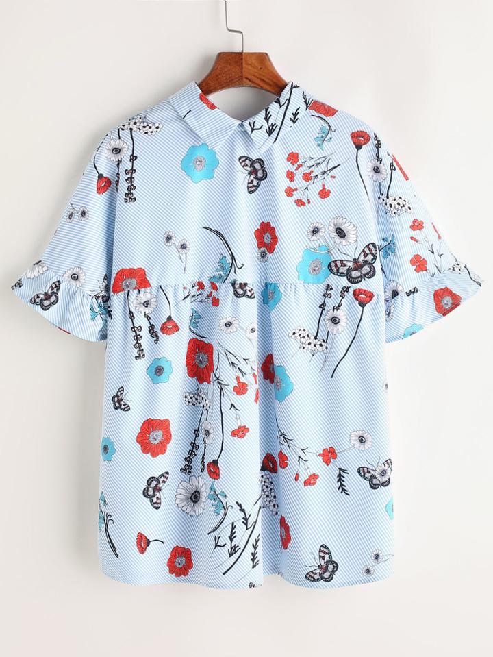 Shein Striped And Floral Print Tie Back Ruffle Sleeve Babydoll Top