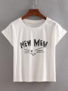 Shein White Cat Print Cuffed T-shirt
